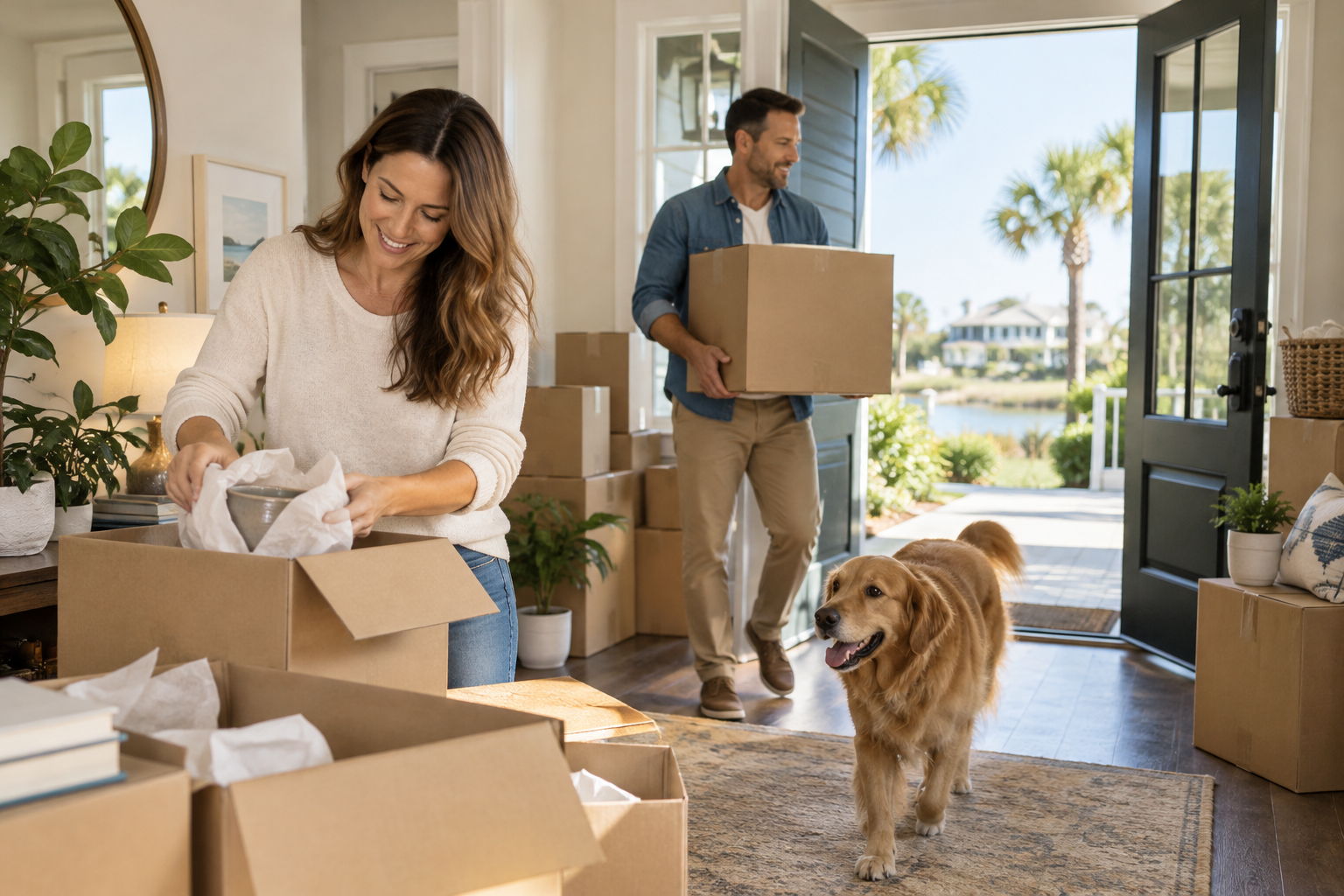 Homeowners packing moving boxes beside the front door of their Colorado home
