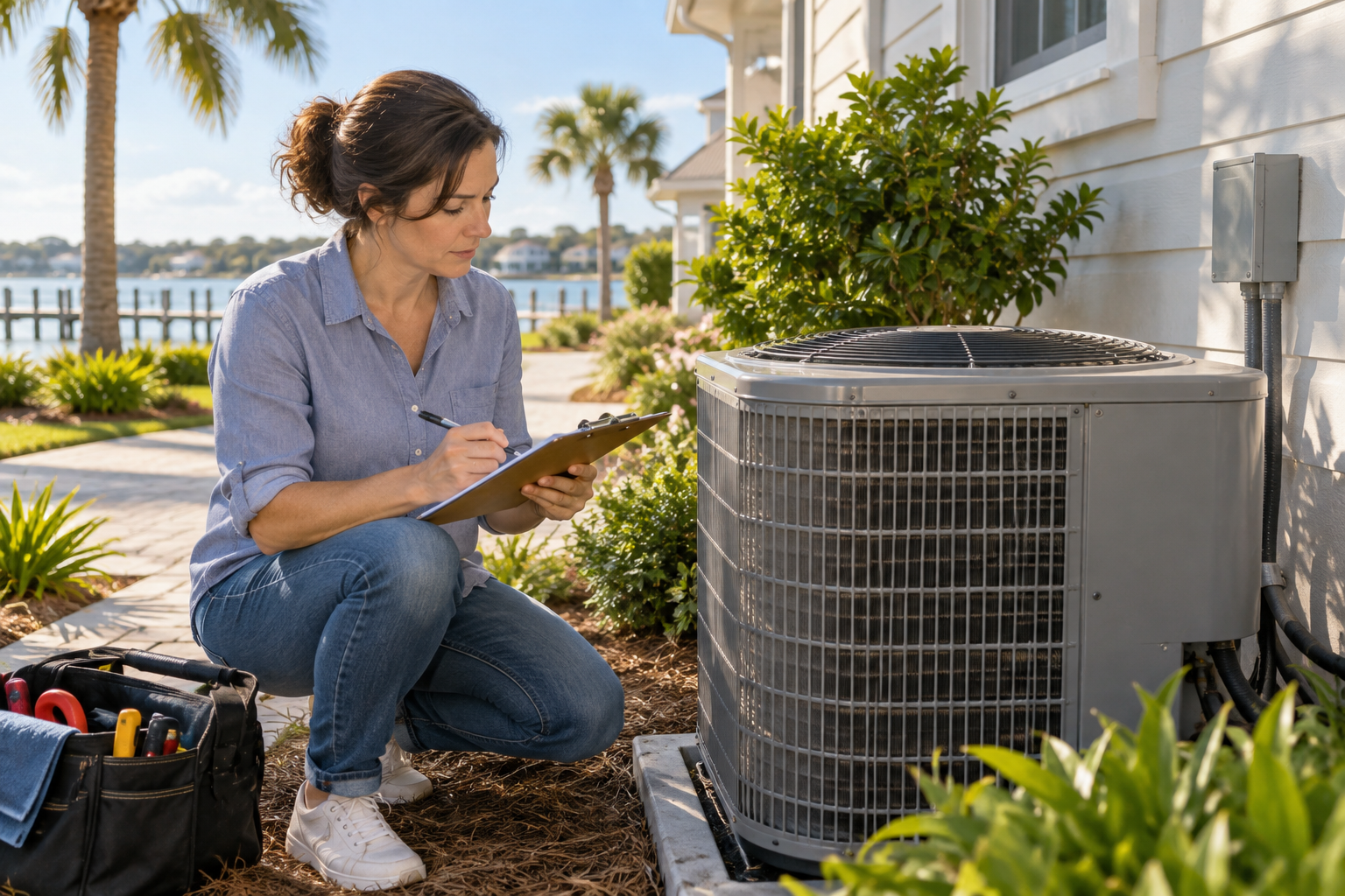 Homeowner reviewing a maintenance checklist beside an outdoor air conditioning unit