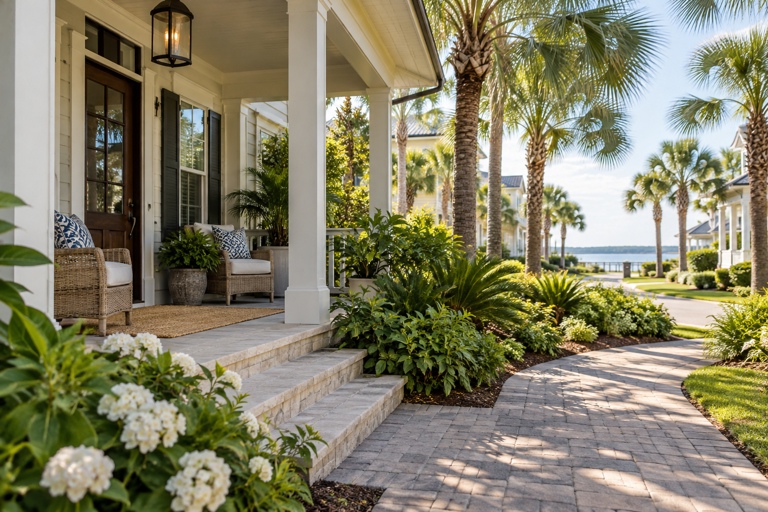 Florida home with a shaded front porch and palm-lined walkway