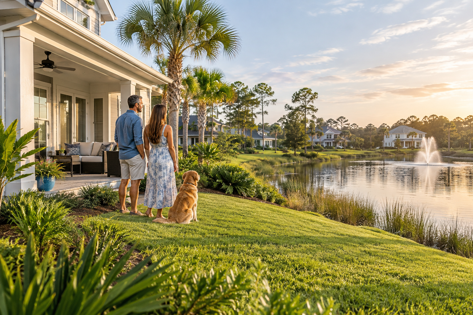 Northeast Florida home with a gently sloped yard and neighborhood drainage pond