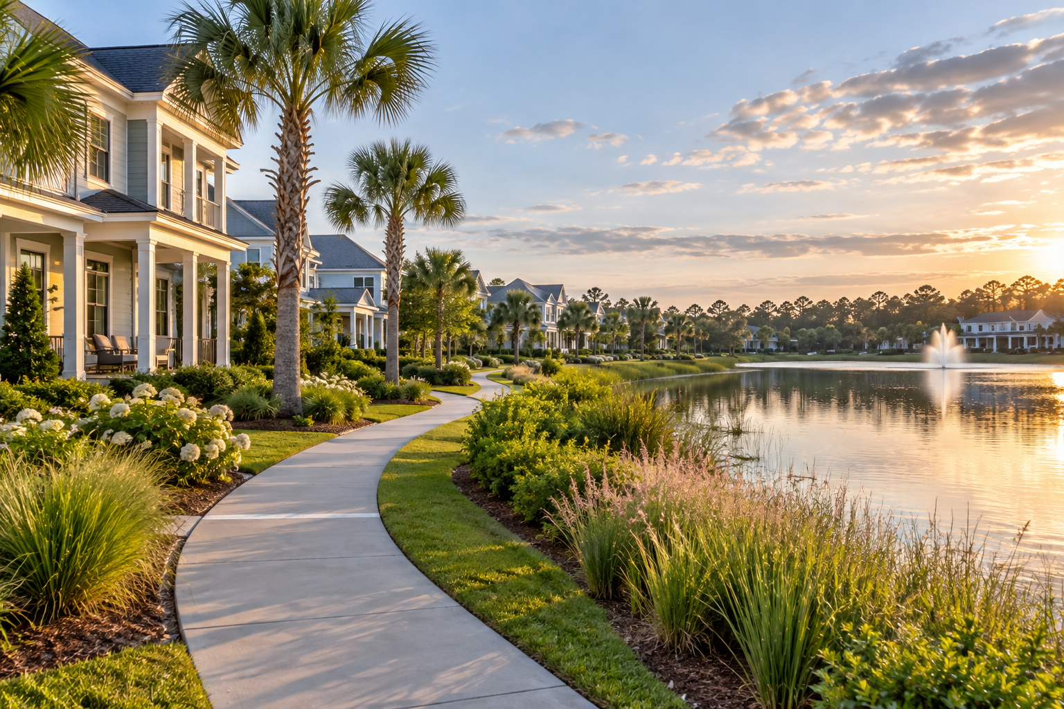 Homes beside a landscaped walking path and neighborhood pond in Northeast Florida