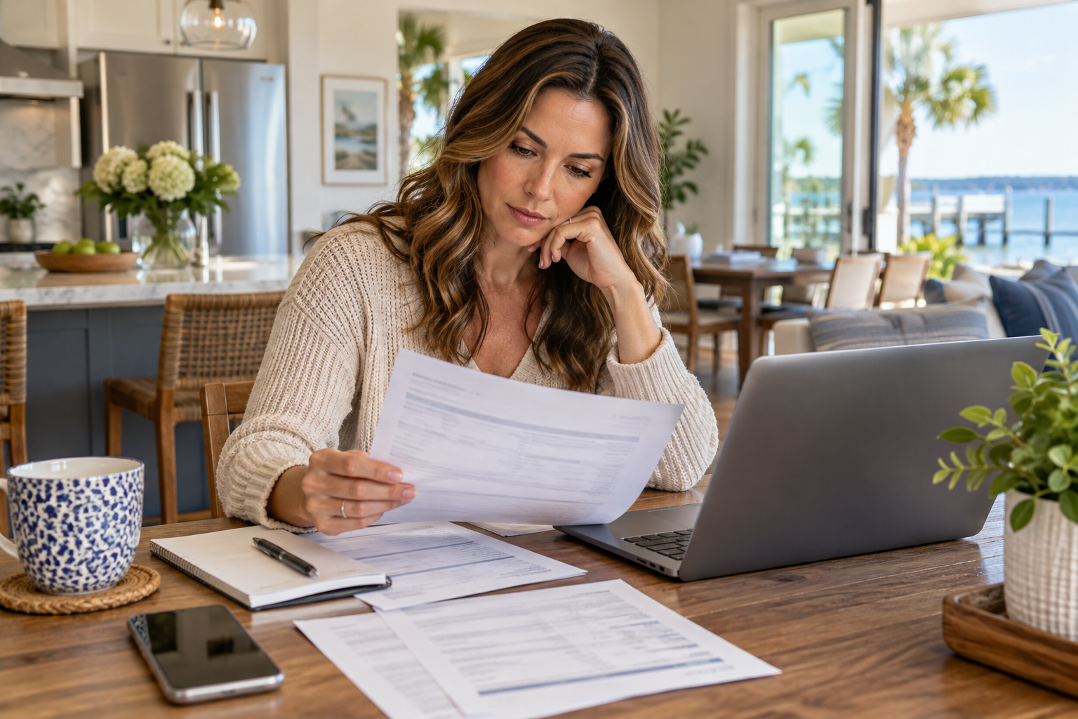 Homebuyer reviewing a credit report at a kitchen table beside a laptop