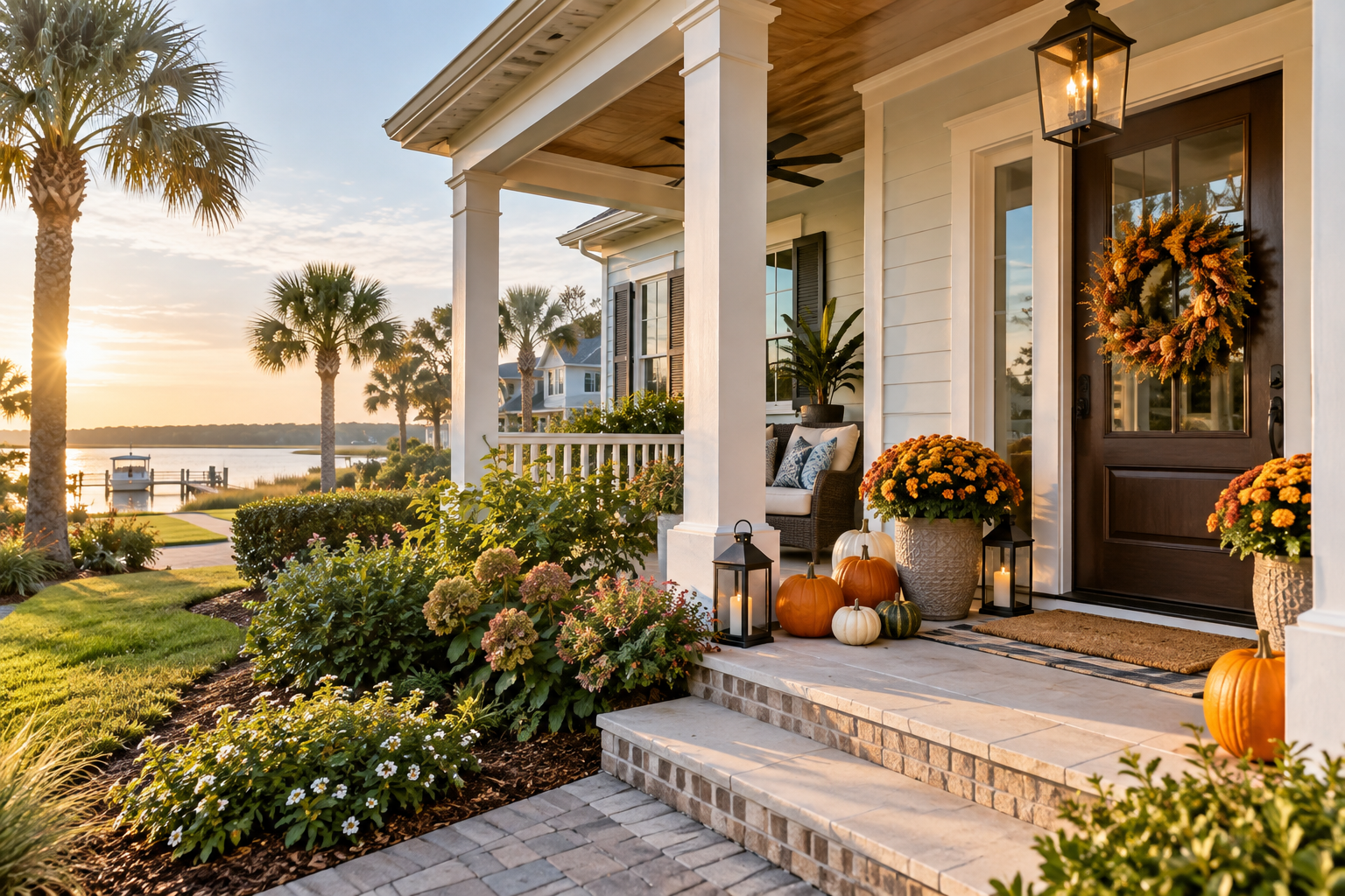 Coastal Florida home with a welcoming porch and subtle fall decorations