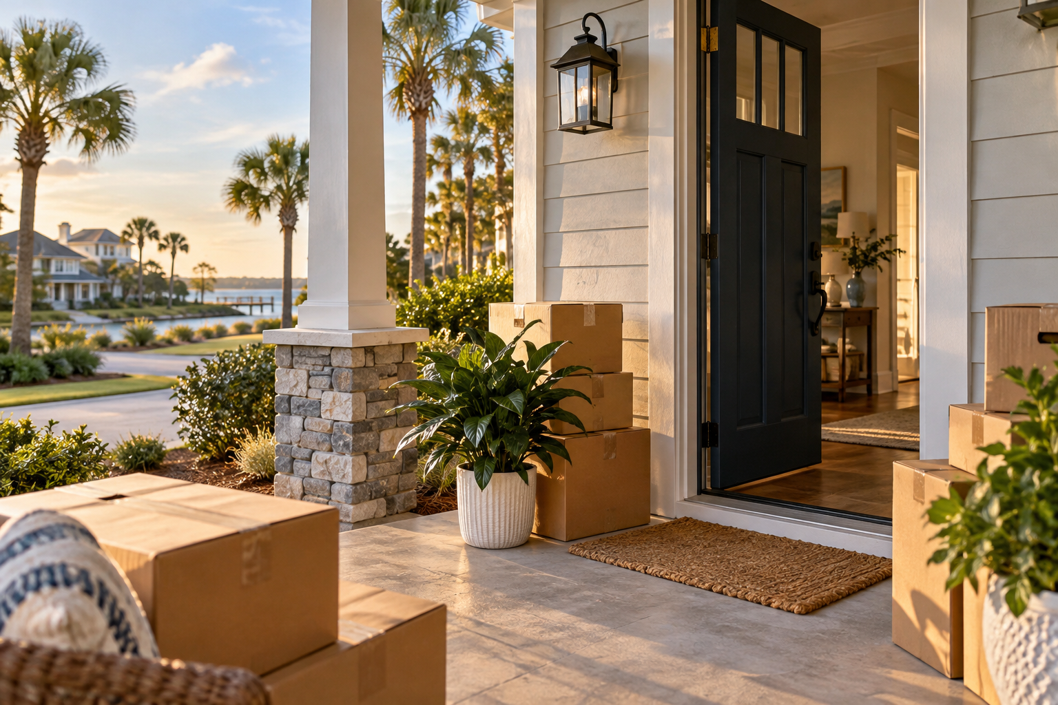 Moving boxes on the porch of a Northeast Florida home