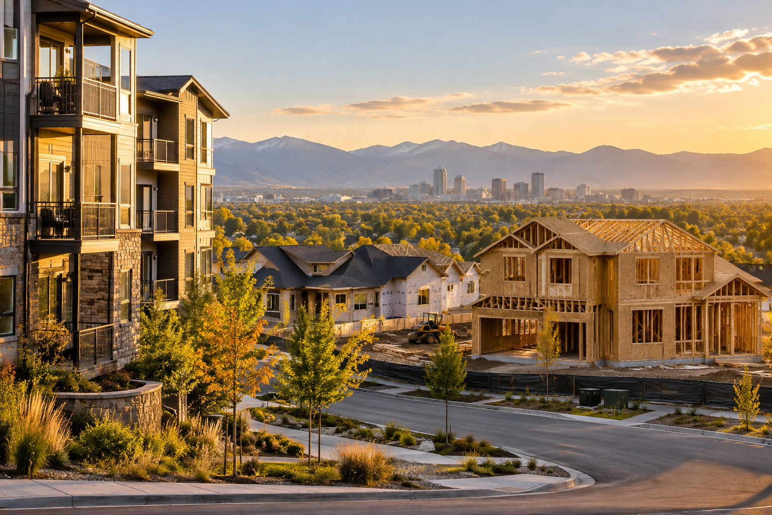 New homes under construction near an apartment community in the Denver area