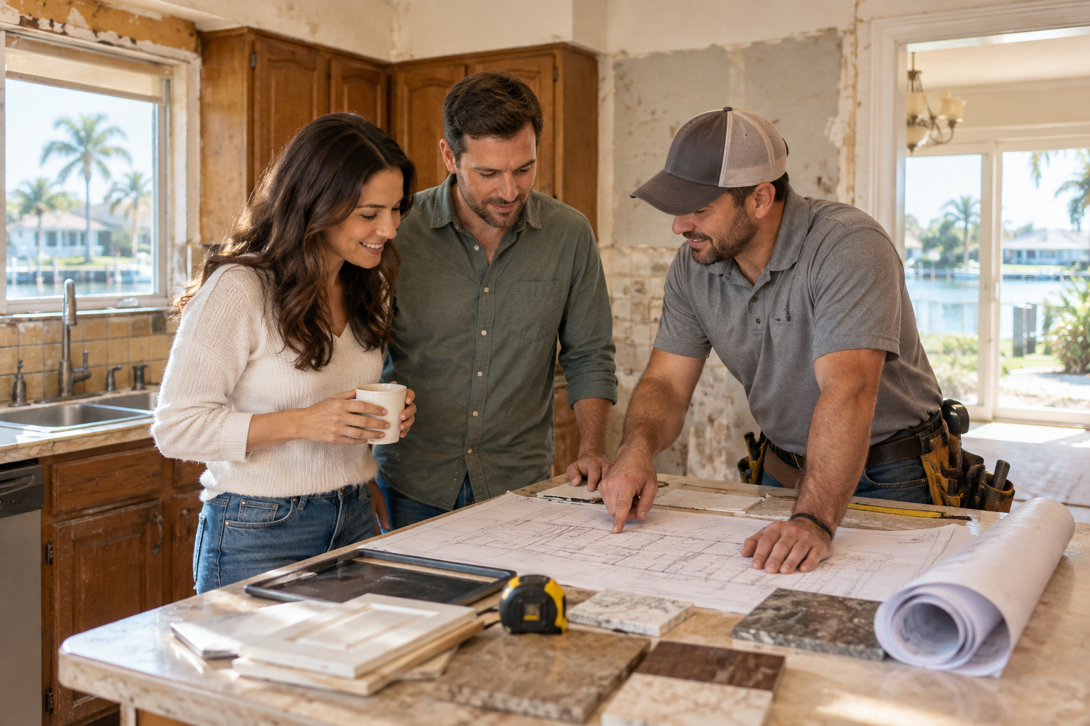 Homebuyers reviewing renovation plans in a dated kitchen with a contractor