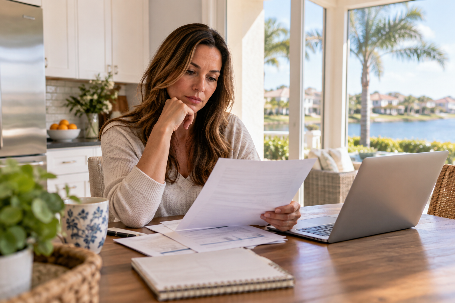 Homeowner reviewing mortgage paperwork at a kitchen table in an Aurora home