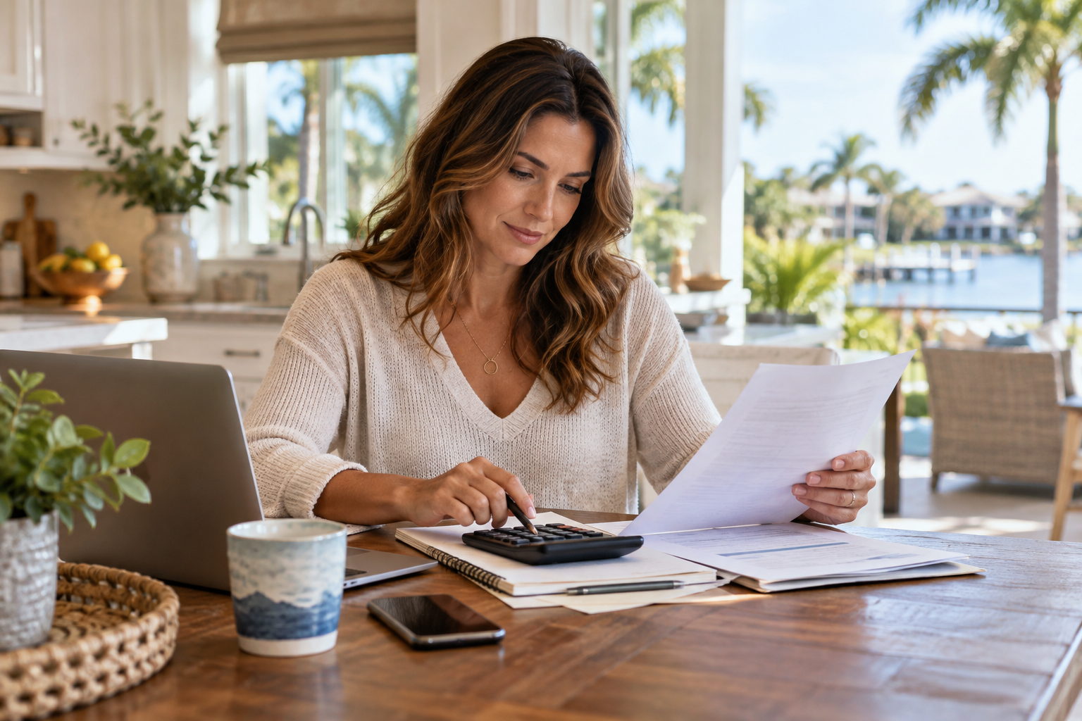 Homeowner reviewing a mortgage statement and savings plan at a kitchen table