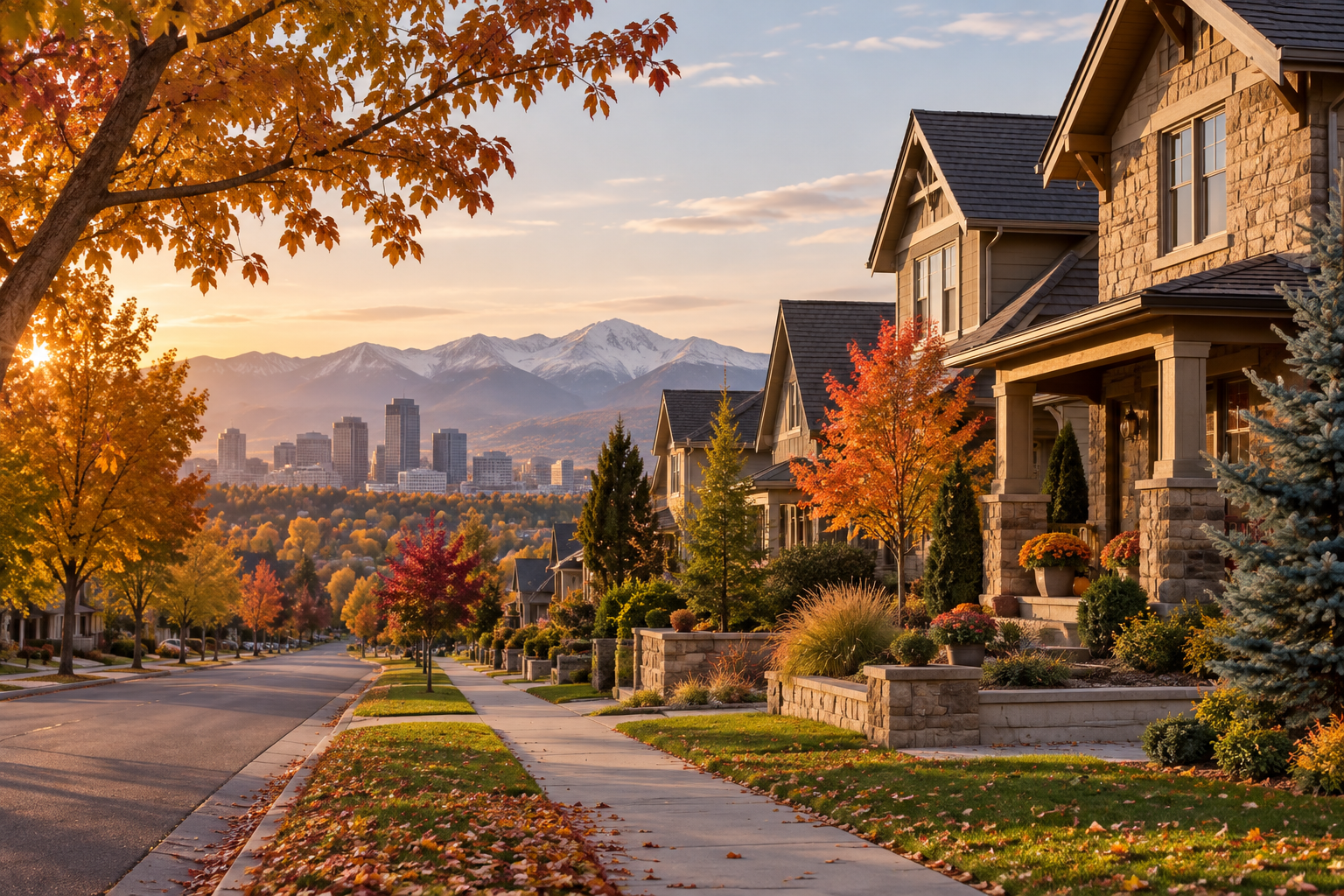 Denver-area homes along a tree-lined street with autumn leaves