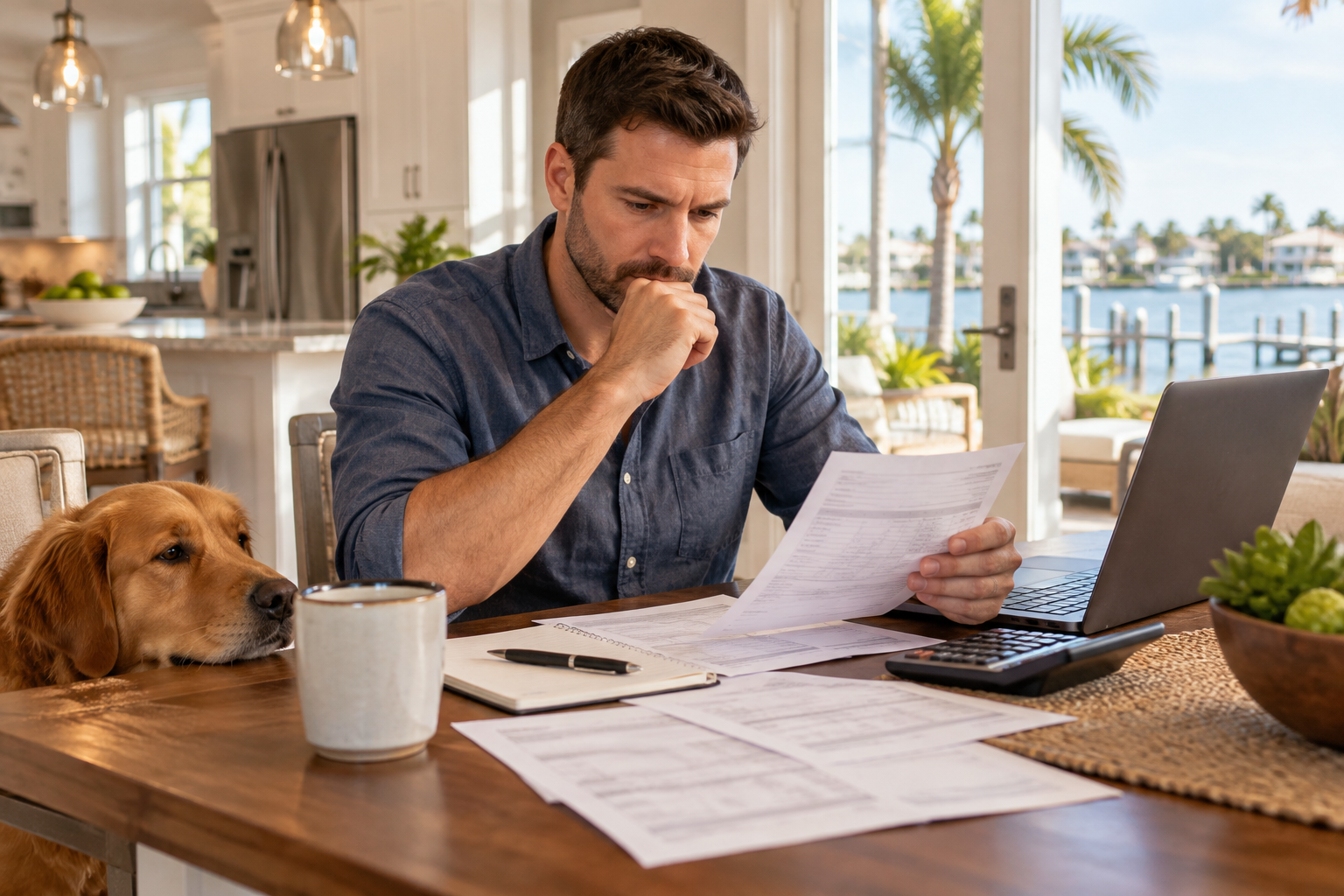 Homebuyer reviewing pay stubs and a household budget at a kitchen table