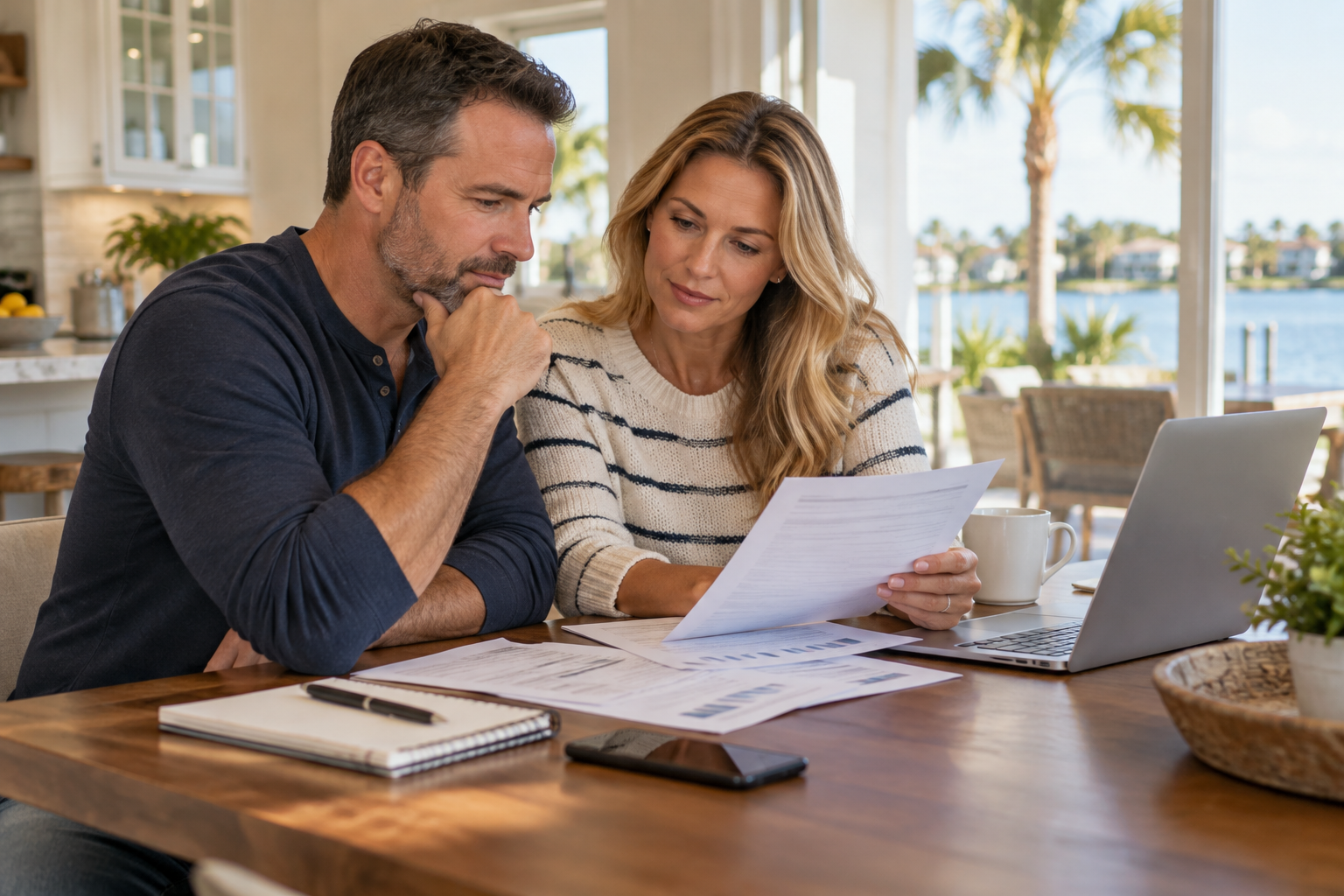 Homeowners reviewing mortgage statements at a kitchen table