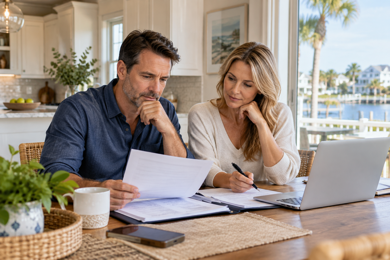 Homeowners reviewing mortgage paperwork together at their kitchen table