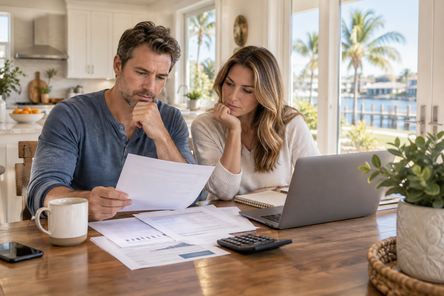 Homeowners reviewing mortgage statements at a kitchen table in a sunny Colorado home