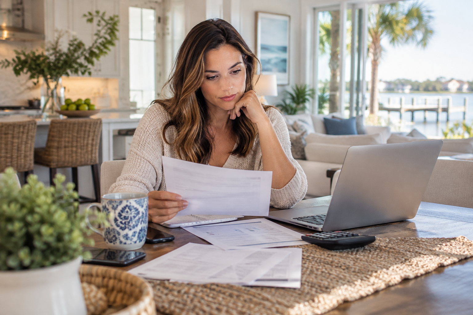 Homebuyer reviewing student loan statements at a kitchen table