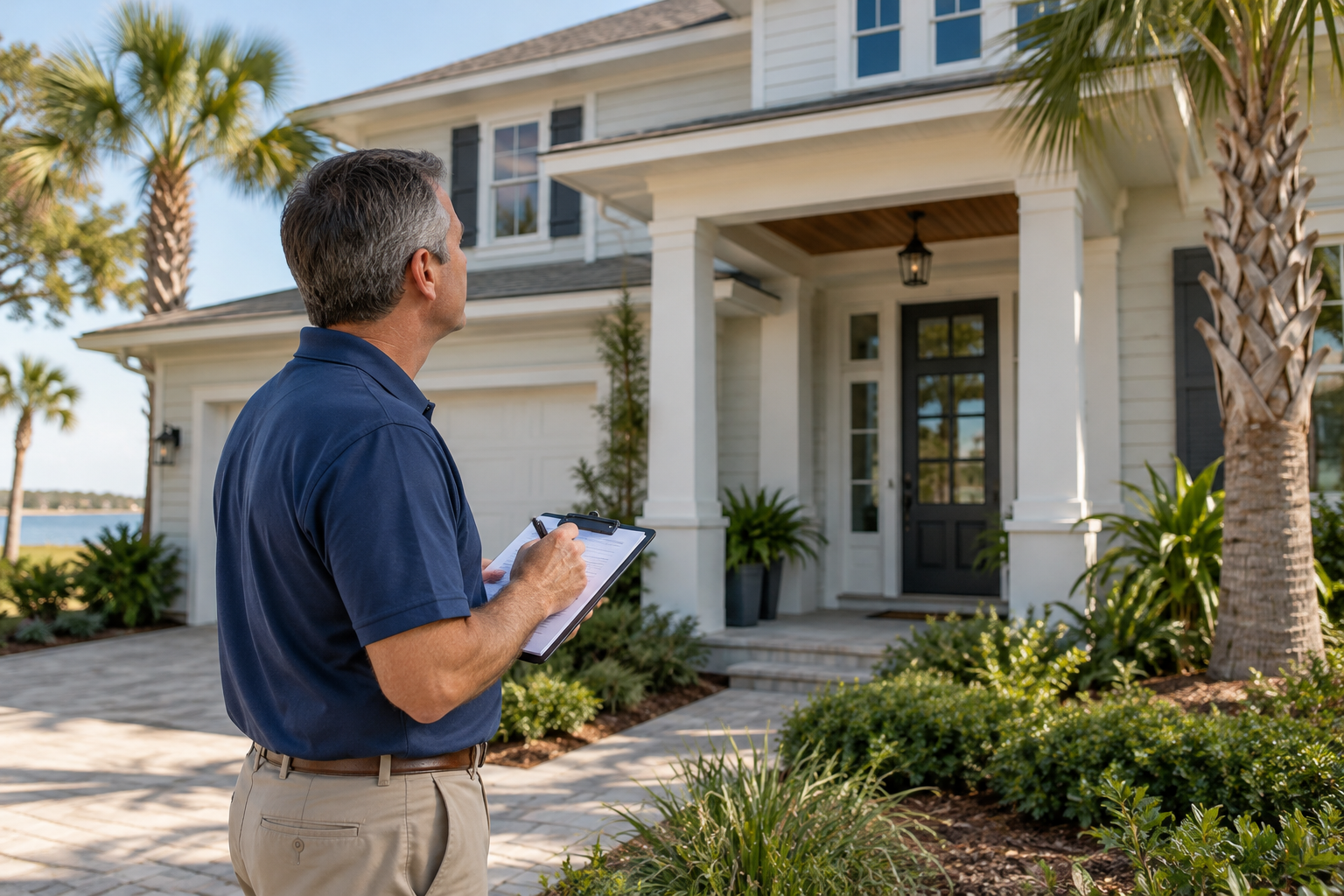 Home appraiser taking notes outside a Northeast Florida house