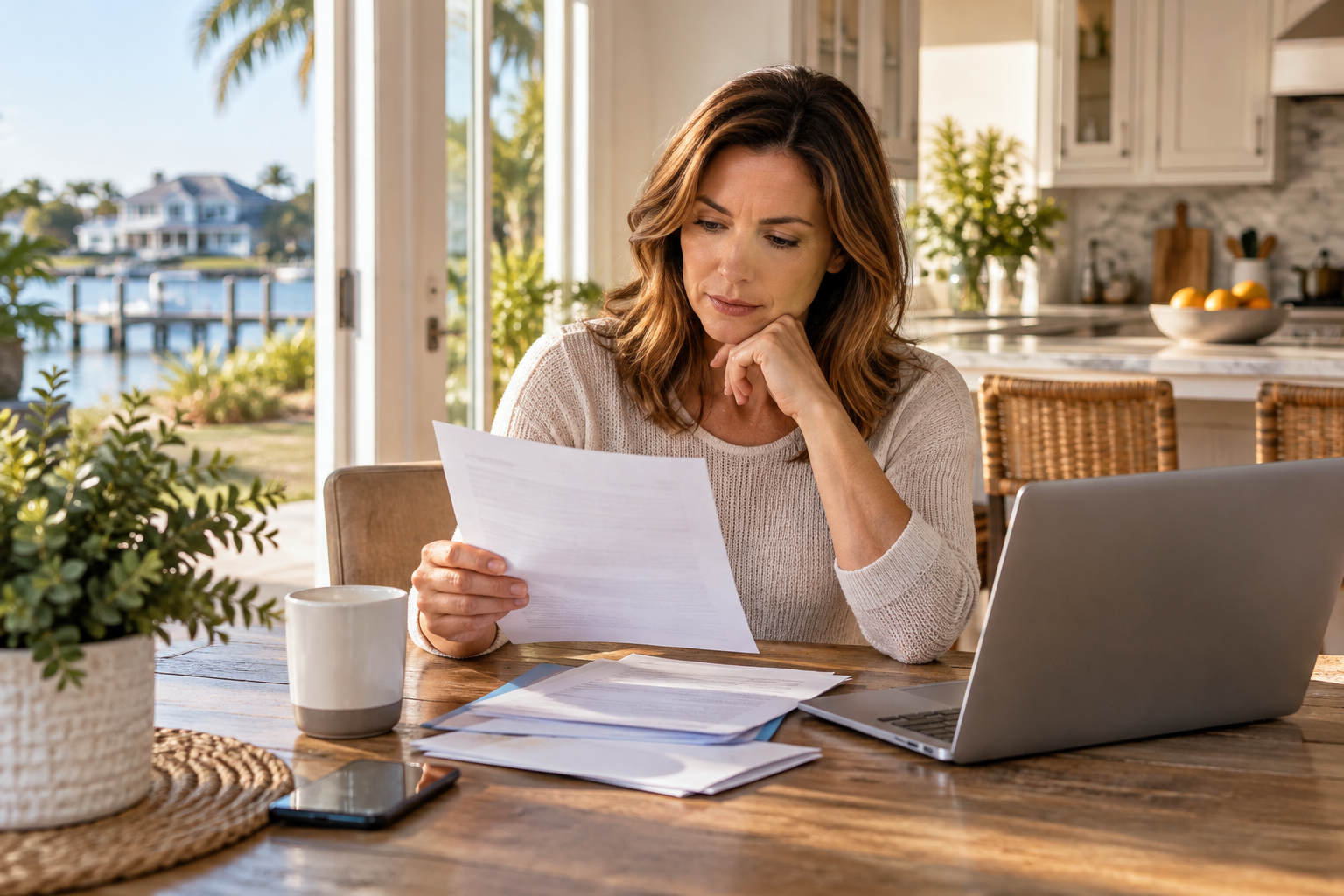 Homeowner reviewing a mortgage transfer notice beside a laptop at the kitchen table